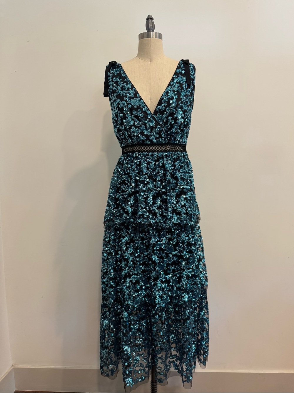 Self-Portrait Black and Teal Sequin Tiered V-Neck Midi Dress